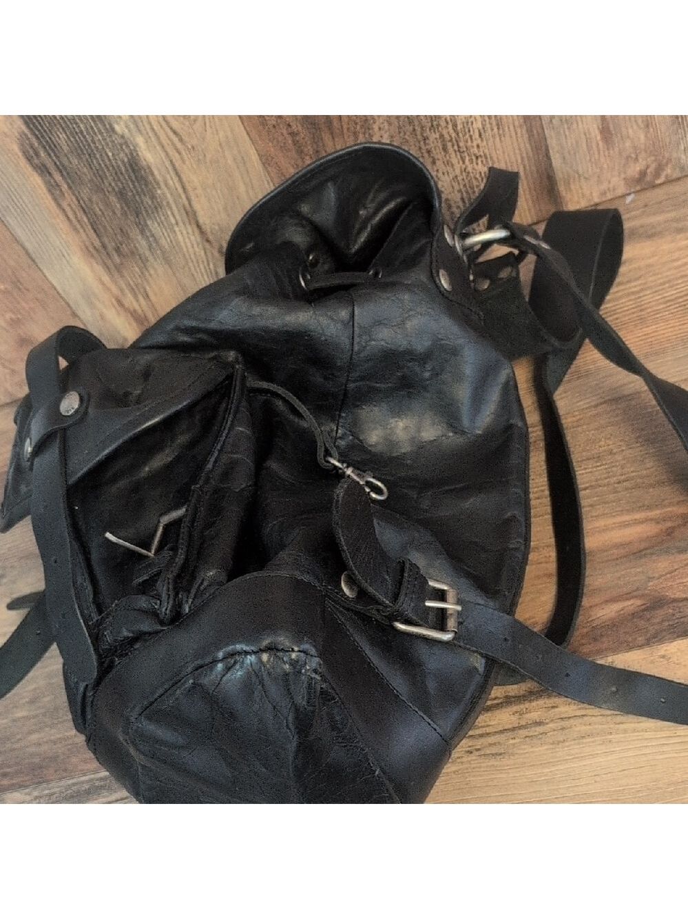Frye Black Leather Buckled Zipper Back Vintage Rare Unisex Backpack -C192 - Picture 5 of 11